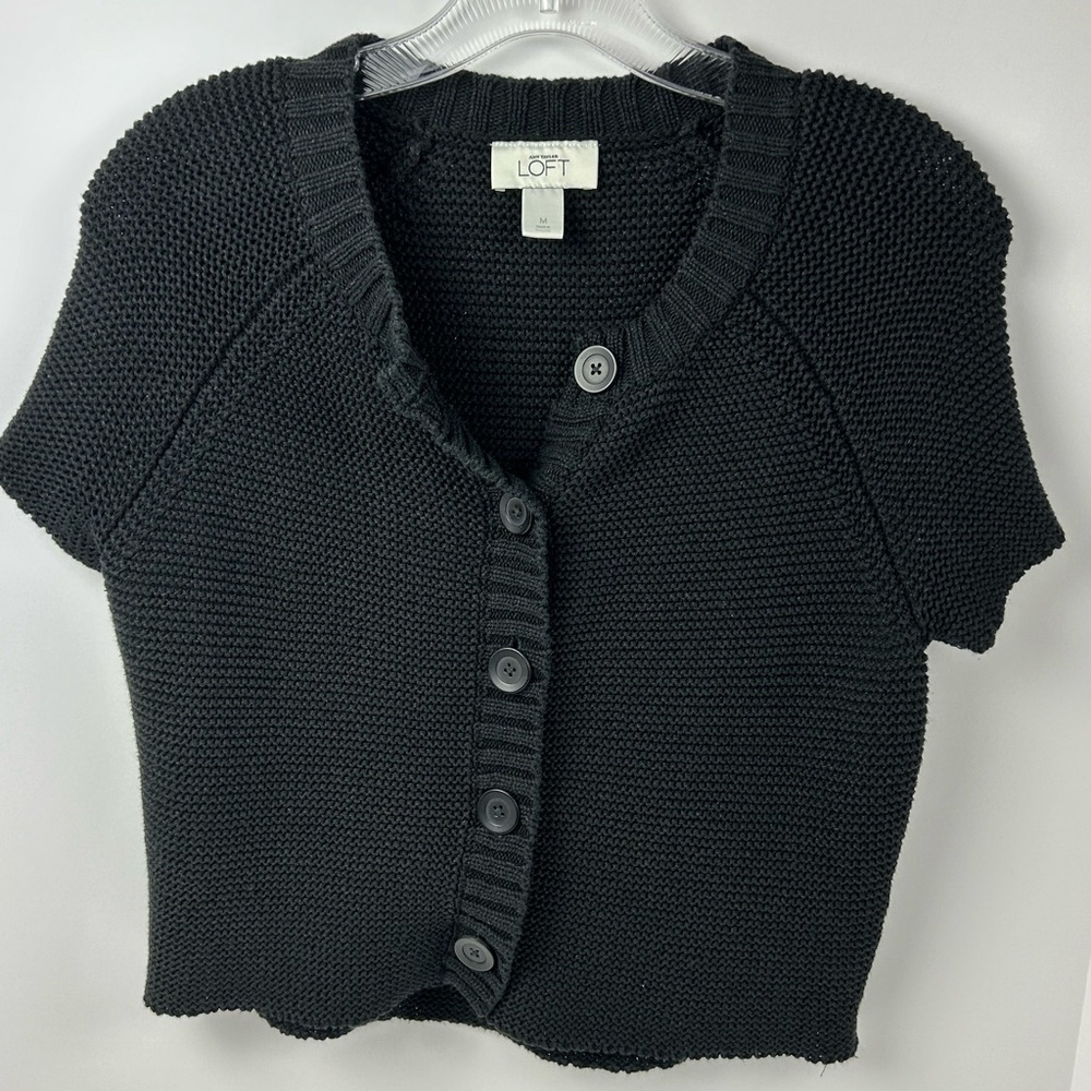 LOFT Black Short Sleeve Knit Button Front Cardigan
